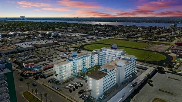 Aerial view of the Belair condominiums at sunset, Photo Credit: Adam Posey, 386 Productions